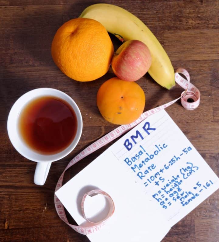 Picture showing metabolism boosting fruits and tea and basic metabolic rate information written on a paper