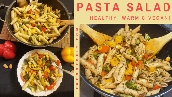 Healthy and vegan warm pasta salad