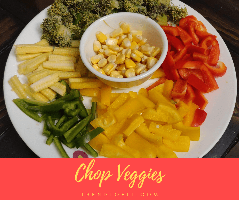 chopped vegetables and corns